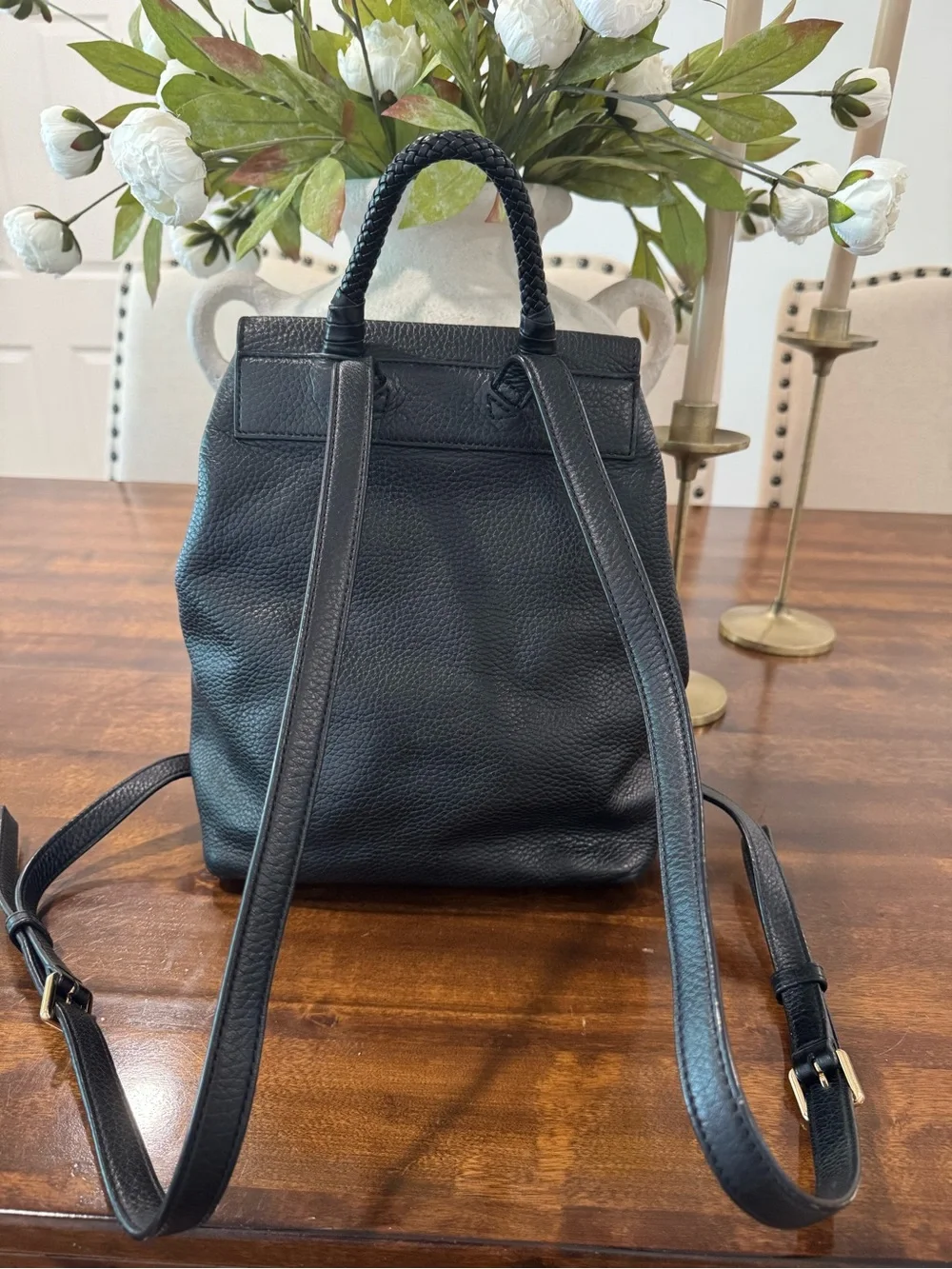 Tory Burch Black Pebbled Leather Tassel Drawstring Backpack